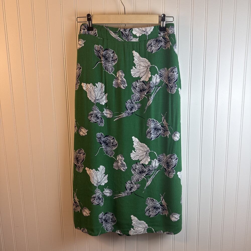 Melloday Green Floral Maxi Skirt fit flare Boho Whimsical Festival XS Pockets!